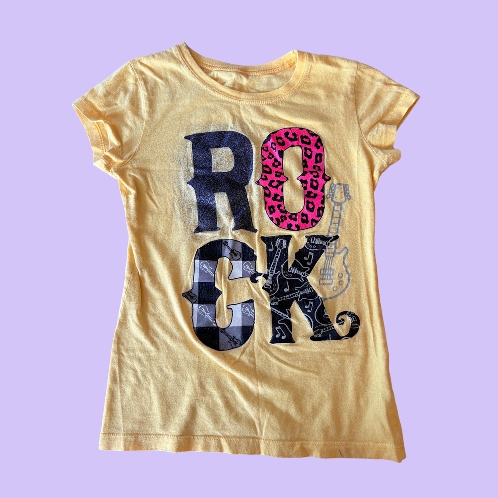 Y2K Yellow Rock Graphic Baby Tee Short Sleeve Scene Leopard Plaid Print #18